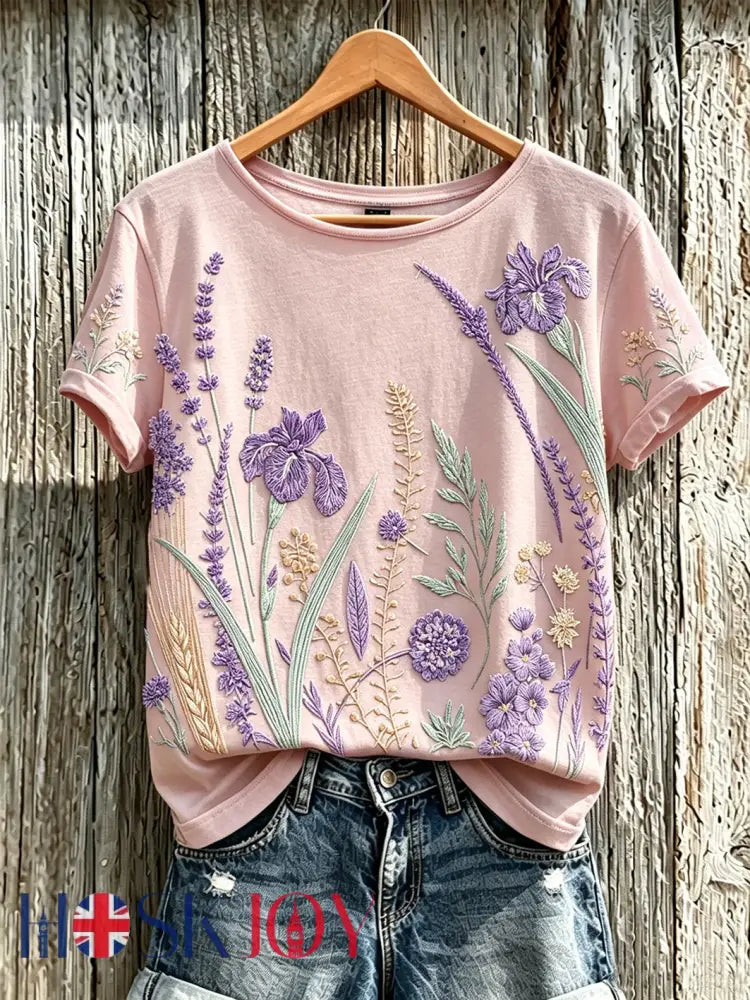 Women’s purple plant flower pattern printed casual T-shirt - Light Pink / S