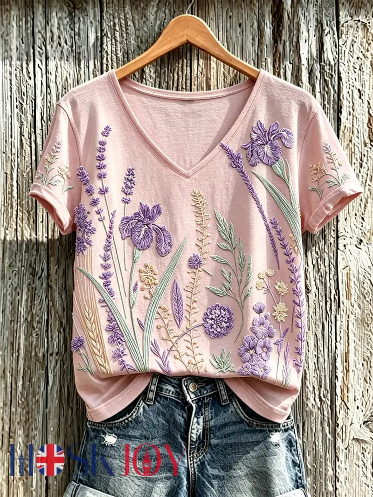 Women’s purple plant flower pattern printed casual T-shirt - Light Pink / S