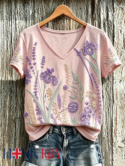 Women’s purple plant flower pattern printed casual T-shirt - Light Pink / S