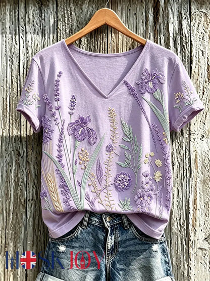 Women’s purple plant flower pattern printed casual T-shirt - Light Purple / S