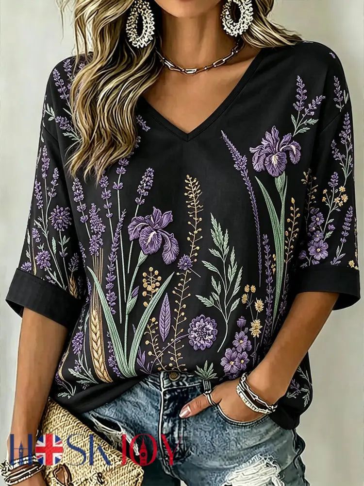 Women’s Purple Plant Pattern Printed Mid-length Sleeves V-Neck T-Shirt - Black / S