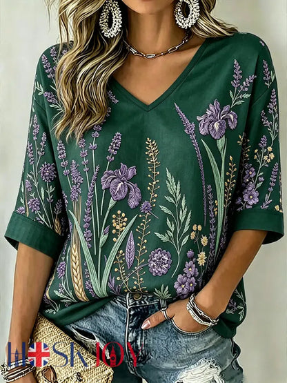Women’s Purple Plant Pattern Printed Mid-length Sleeves V-Neck T-Shirt - Dark Green / S