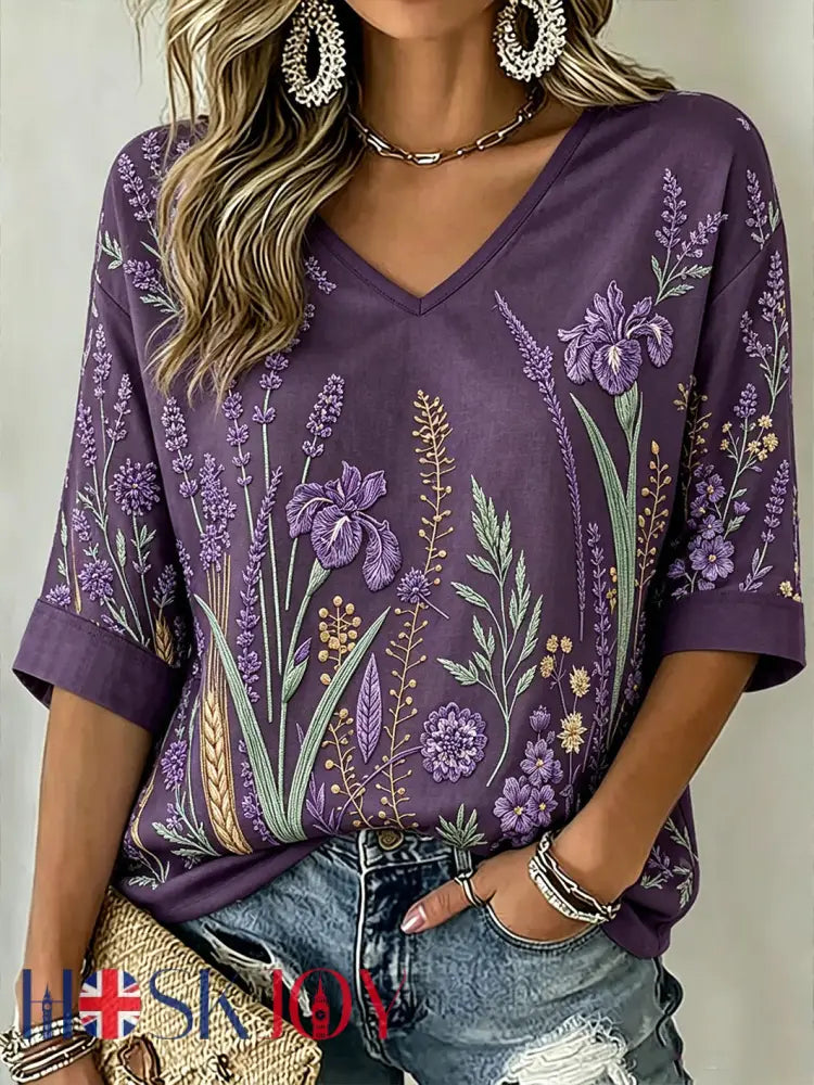 Women’s Purple Plant Pattern Printed Mid-length Sleeves V-Neck T-Shirt - Deep Purple / S