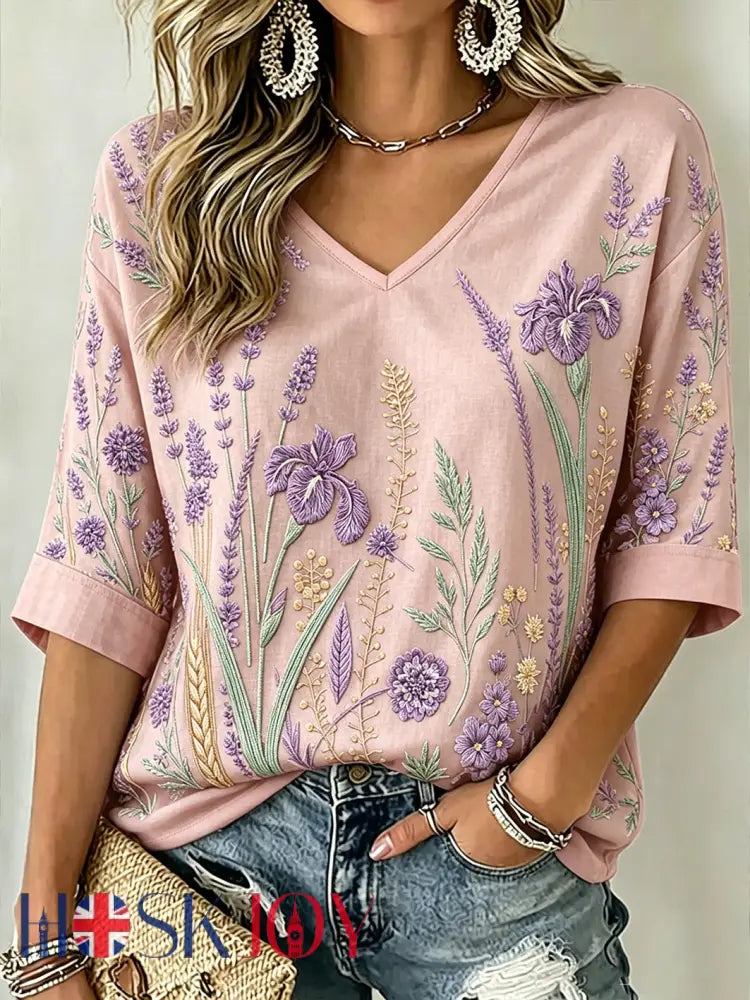 Women’s Purple Plant Pattern Printed Mid-length Sleeves V-Neck T-Shirt - Light Pink / S