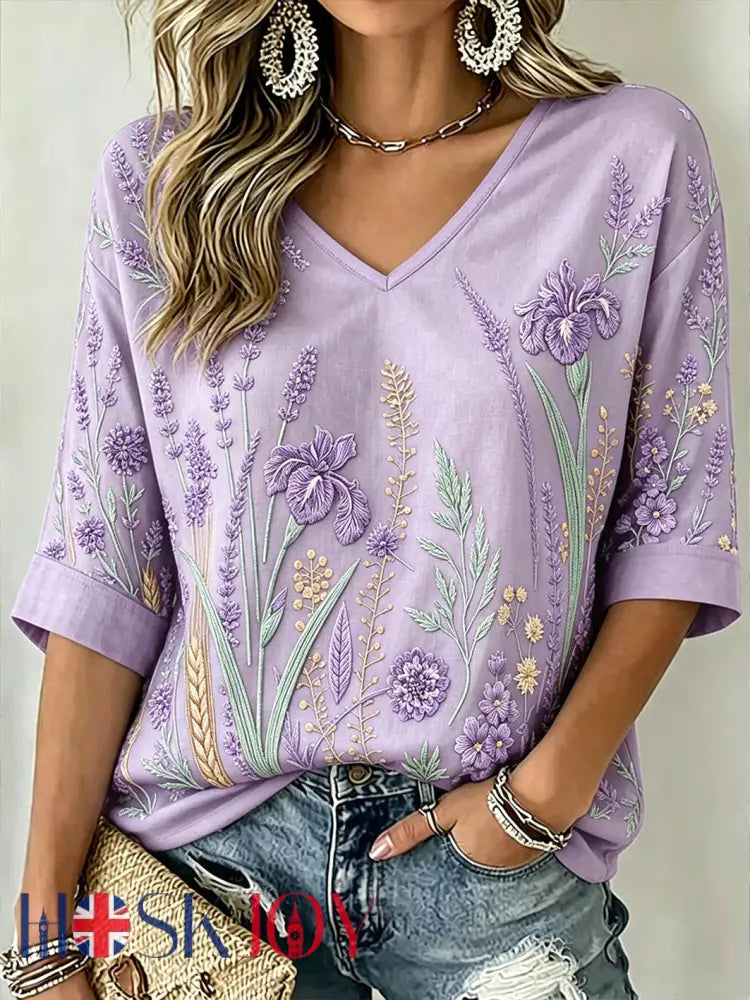 Women’s Purple Plant Pattern Printed Mid-length Sleeves V-Neck T-Shirt - Light Purple / S