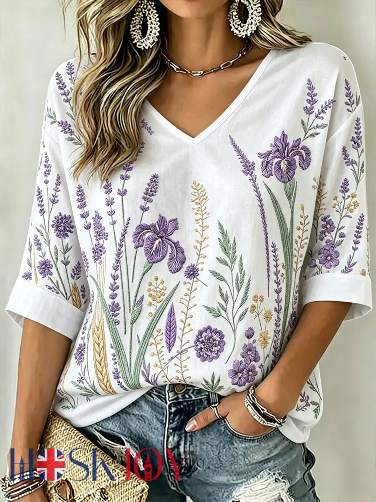 Women’s Purple Plant Pattern Printed Mid-length Sleeves V-Neck T-Shirt - White / S