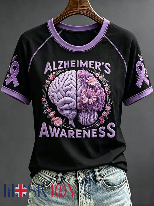 Women’s Purple Ribbon Awareness Print Round Neck Short Sleeve T-shirt - Black / S