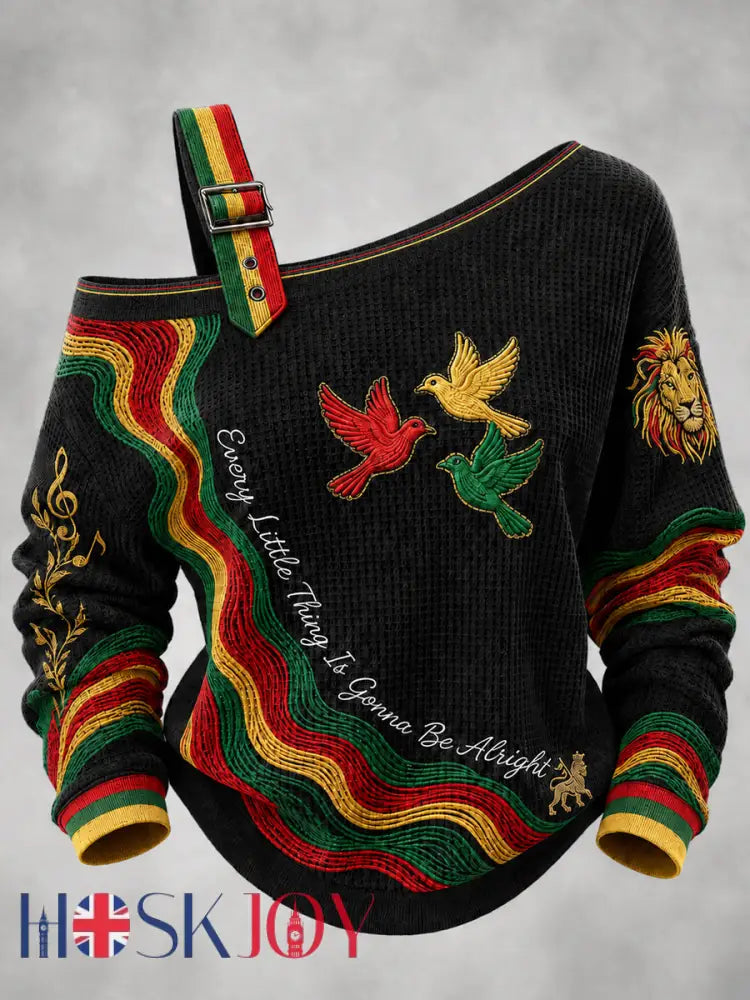 Women’s Reggae Printed One Shoulder Waffle Casual Sweatshirt - Black / S