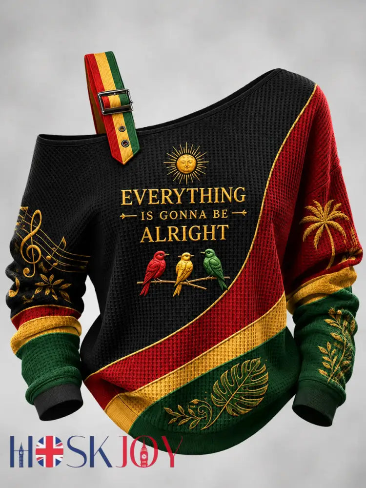 Women’s Reggae Printed One Shoulder Waffle Casual Sweatshirt - Black / S