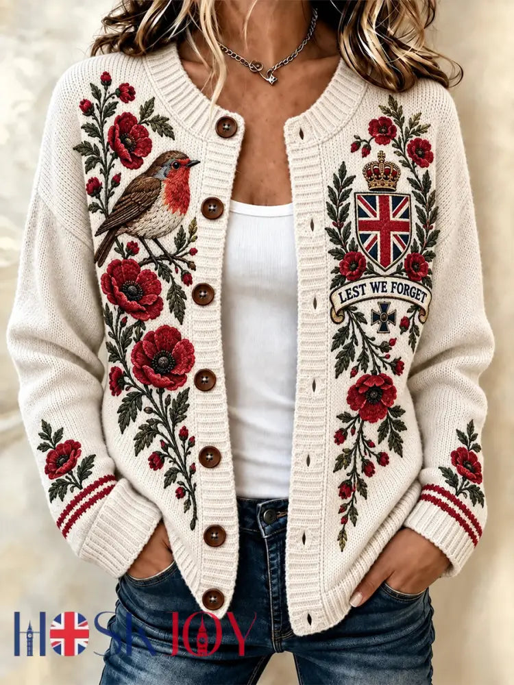Women’s Remembrance Day Lest We Forget Button-Down Cardigan - White / S