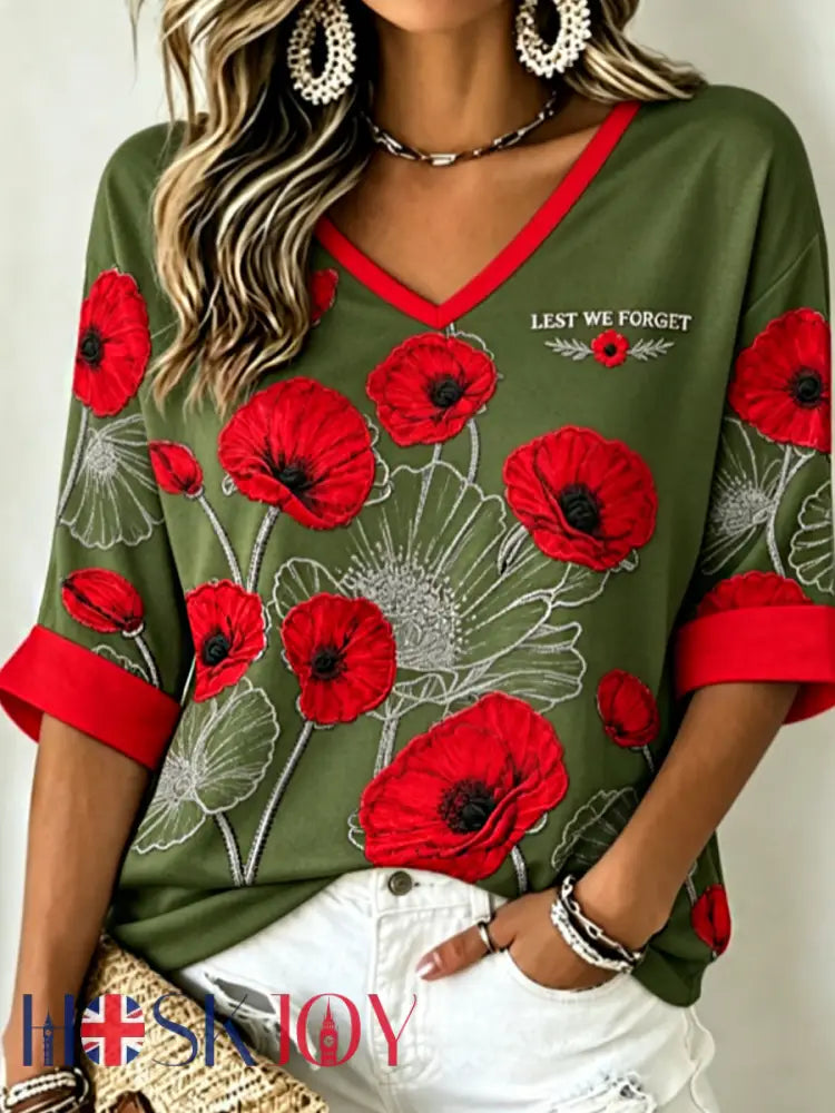 Women’s Remembrance Day Lest We Forget Mid-length Sleeves V-Neck T-Shirt - Army Green / S