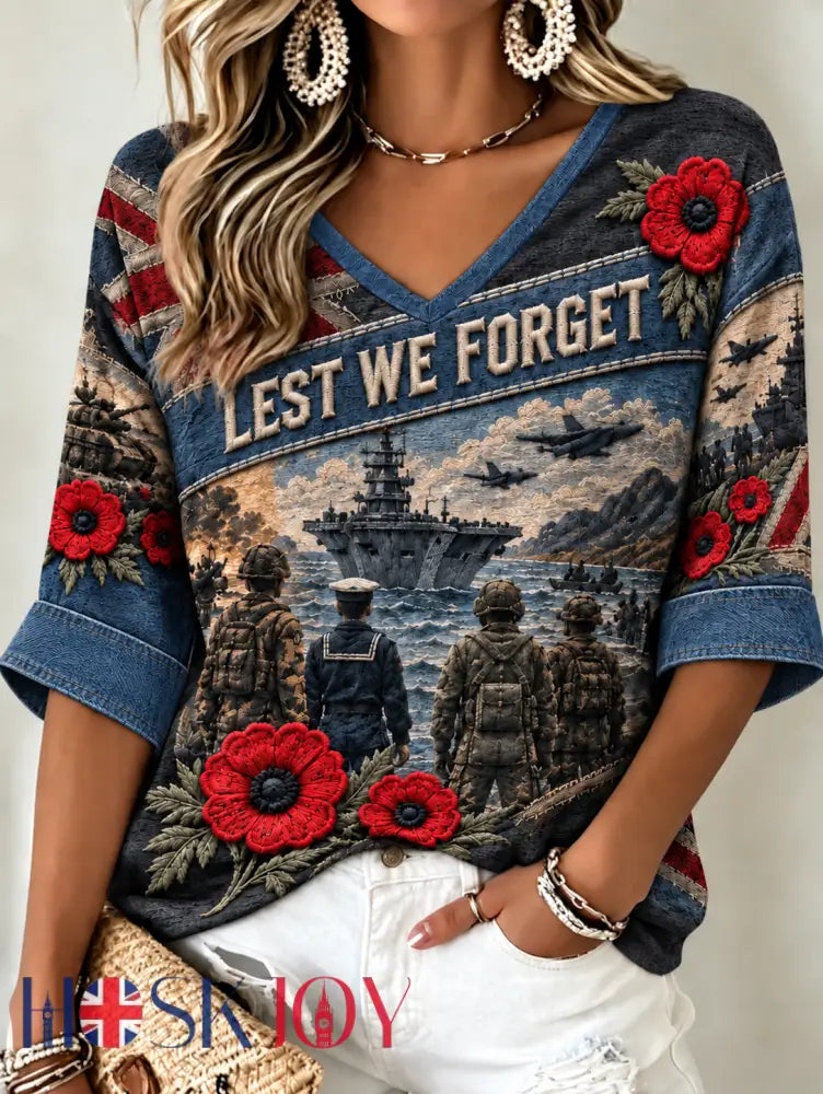 Women’s Remembrance Day Lest We Forget Mid-length Sleeves V-Neck T-Shirt - Black / S