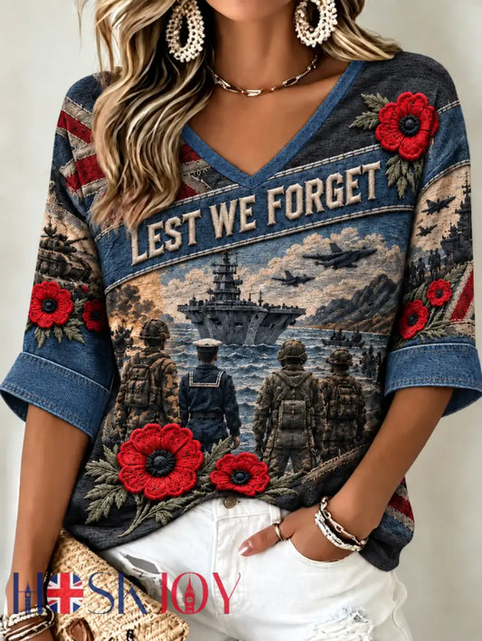 Women’s Remembrance Day Lest We Forget Mid-length Sleeves V-Neck T-Shirt - Black / S