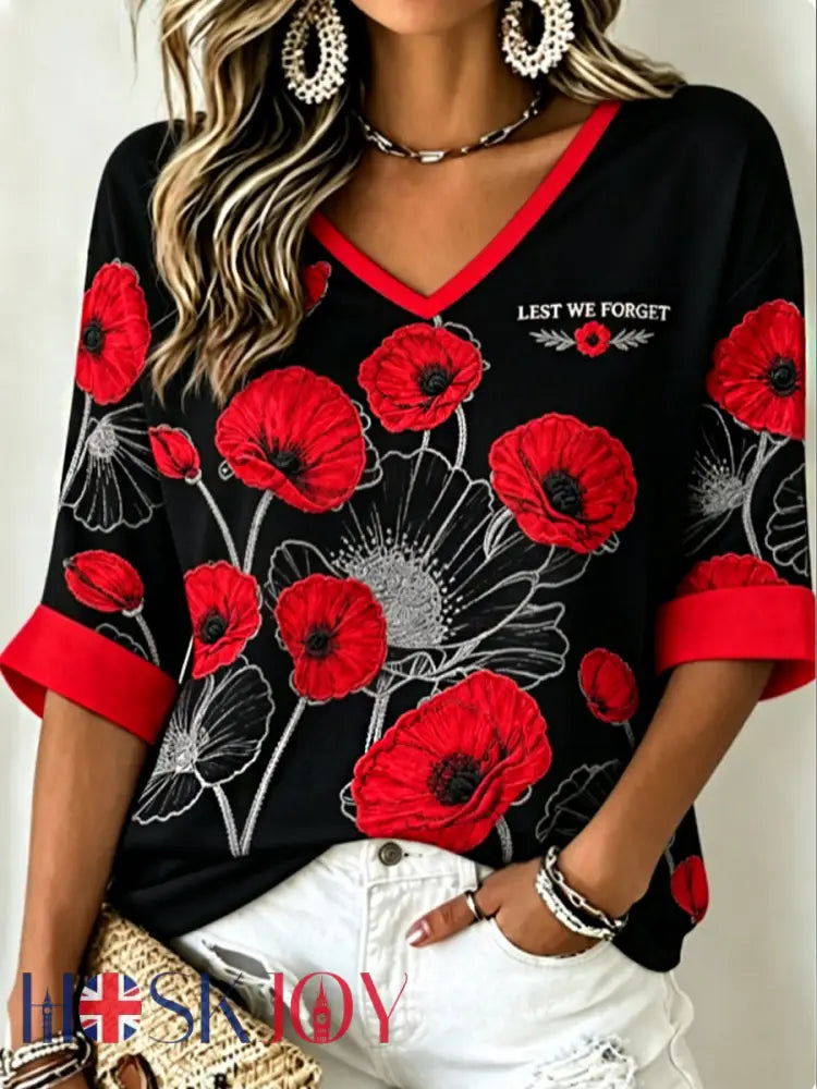 Women’s Remembrance Day Lest We Forget Mid-length Sleeves V-Neck T-Shirt - Black / S