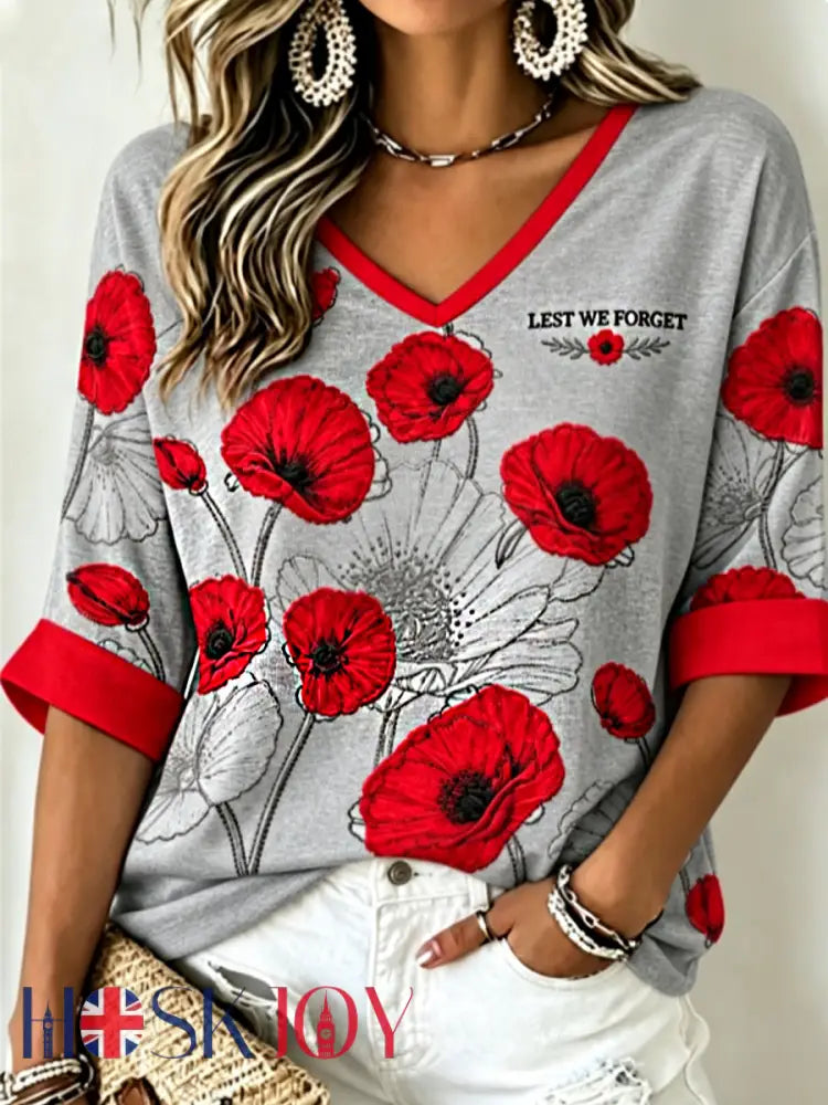 Women’s Remembrance Day Lest We Forget Mid-length Sleeves V-Neck T-Shirt - Gray / S