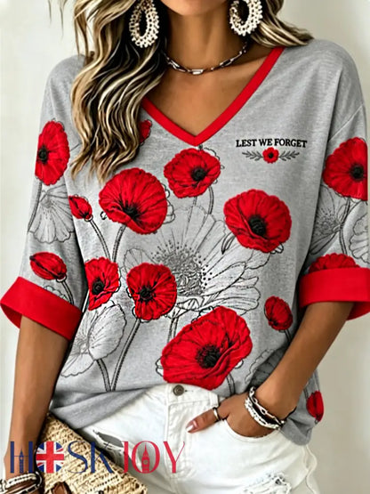 Women’s Remembrance Day Lest We Forget Mid-length Sleeves V-Neck T-Shirt - Gray / S