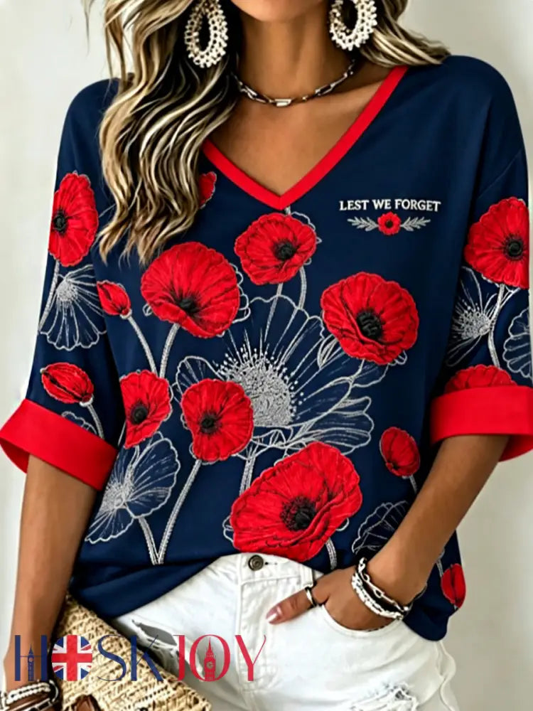 Women’s Remembrance Day Lest We Forget Mid-length Sleeves V-Neck T-Shirt - Navy Blue / S