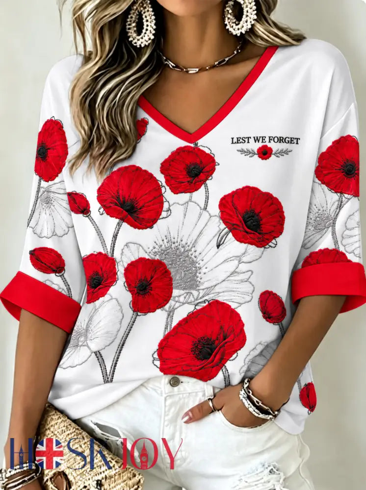 Women’s Remembrance Day Lest We Forget Mid-length Sleeves V-Neck T-Shirt - White / S