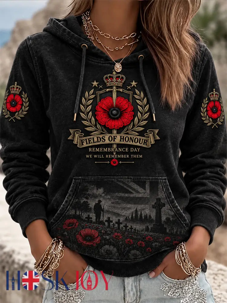 Women’s Remembrance Day Lest We Forget Print Hooded Sweatshirt - Black / S