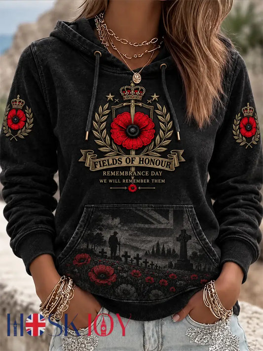 Women’s Remembrance Day Lest We Forget Print Hooded Sweatshirt - Black / S