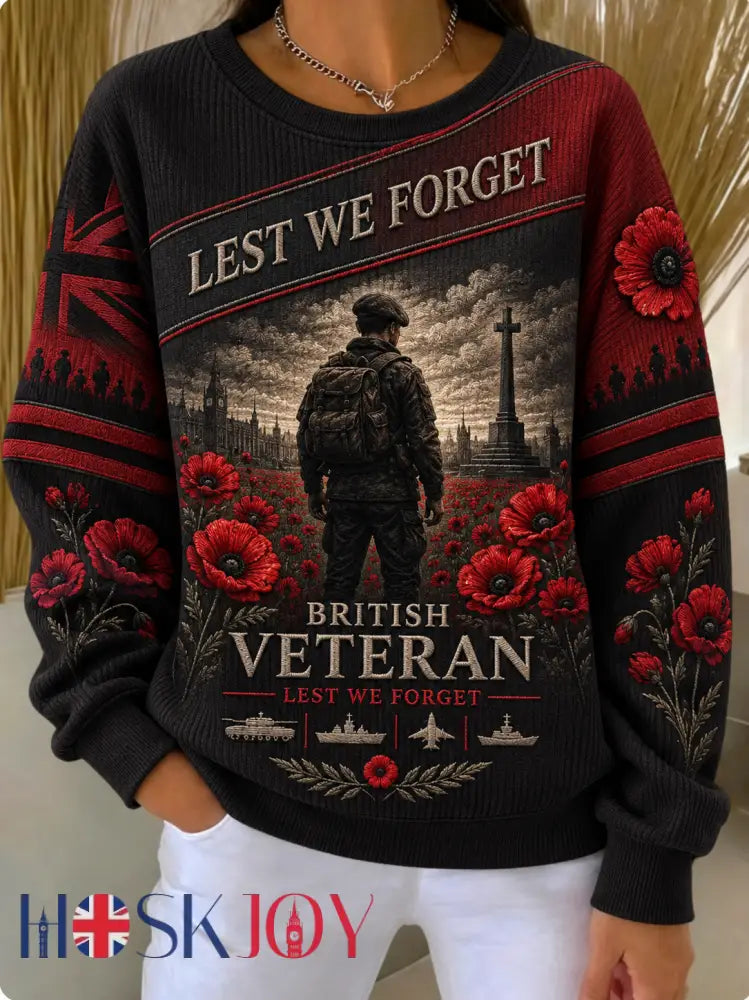 Women’s Remembrance Day Lest We Forget Ribbed Round-Neck Sweatshirt - Black / S