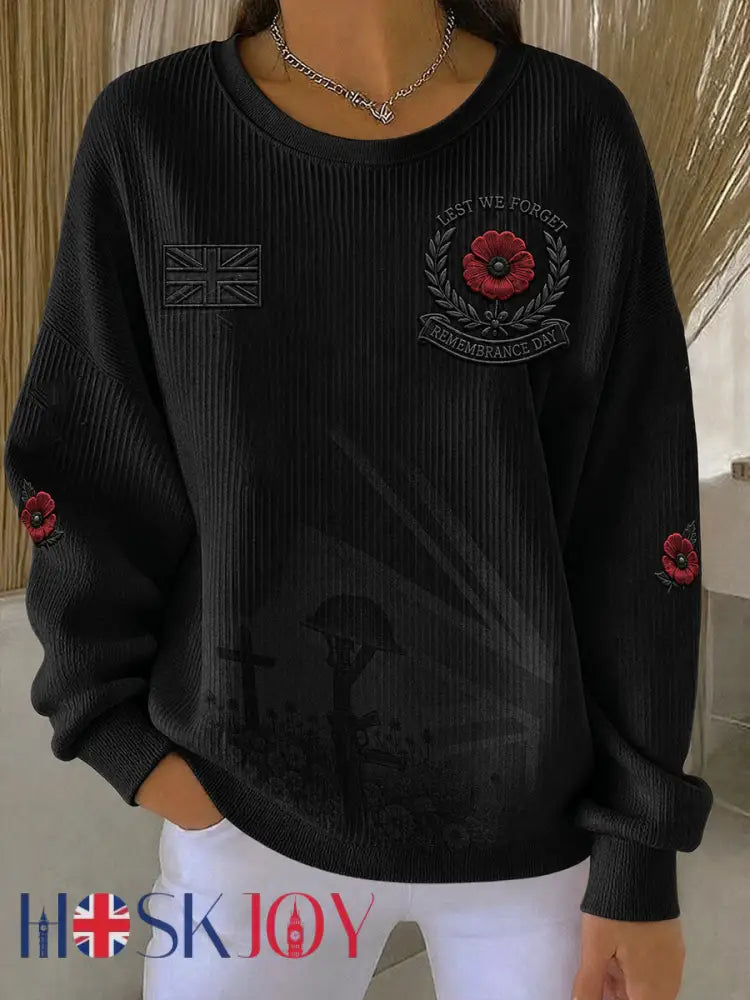 Women’s Remembrance Day Lest We Forget Ribbed Round-Neck Sweatshirt - Black / S