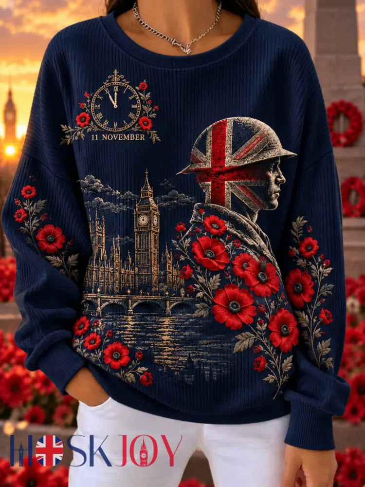 Women’s Remembrance Day Lest We Forget Ribbed Round-Neck Sweatshirt - Navy Blue / S