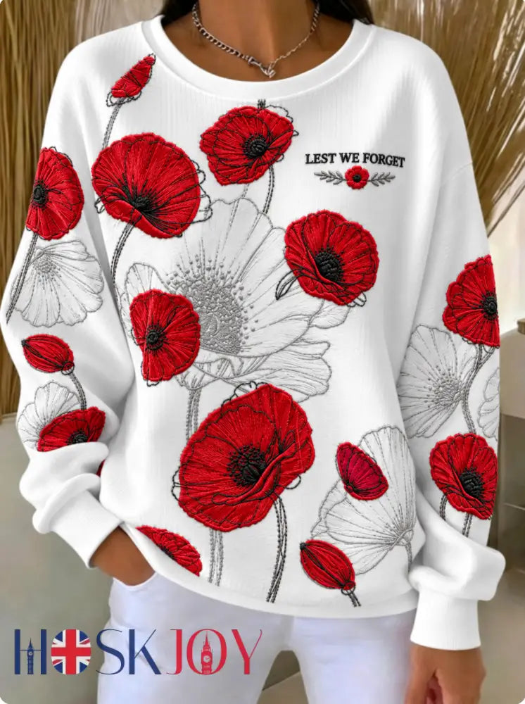 Women’s Remembrance Day Lest We Forget Ribbed Round-Neck Sweatshirt - White / S