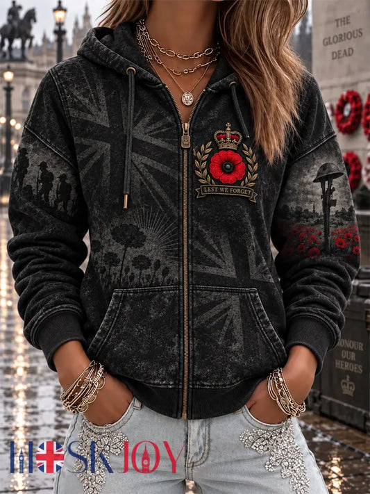 Women’s Remembrance Day Lest We Forget Zip-Up Hoodie - Black / S