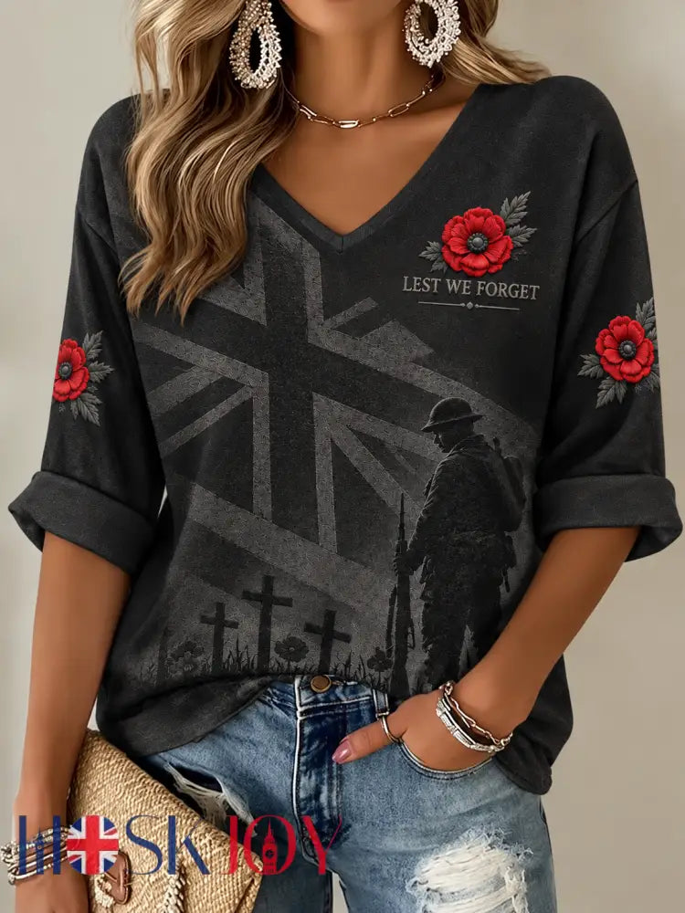 Women’s Remembrance Day Mid-length Sleeves V-Neck T-Shirt - Black / S