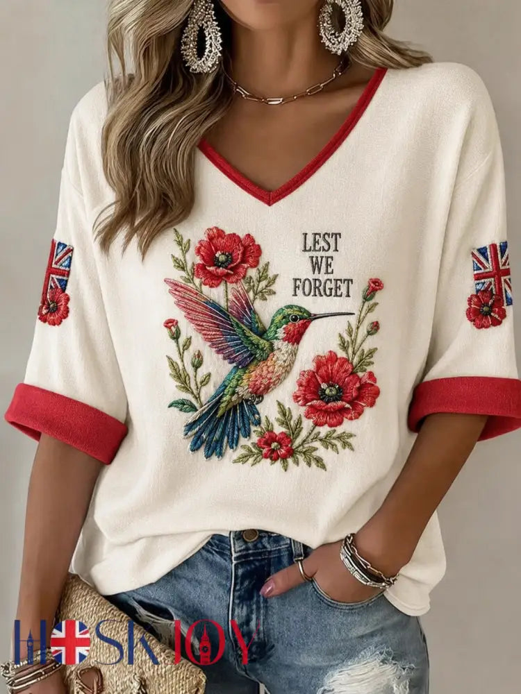Women’s Remembrance Day Mid-length Sleeves V-Neck T-Shirt - Creamy-White / S