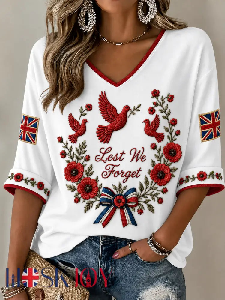 Women’s Remembrance Day Mid-length Sleeves V-Neck T-Shirt - White / S
