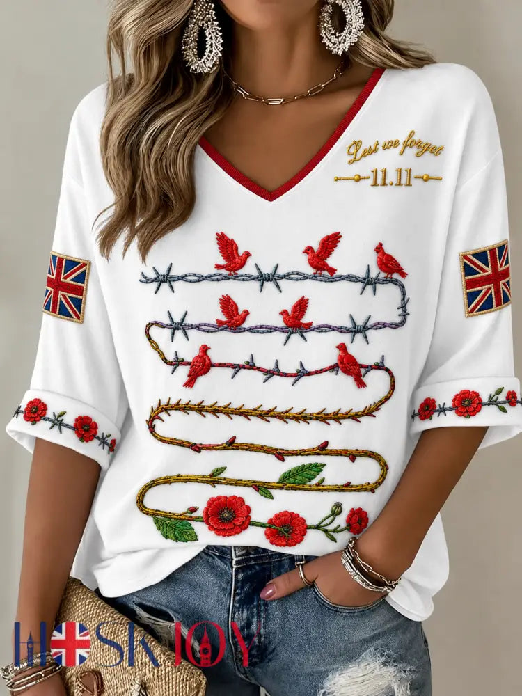 Women’s Remembrance Day Mid-length Sleeves V-Neck T-Shirt - White / S