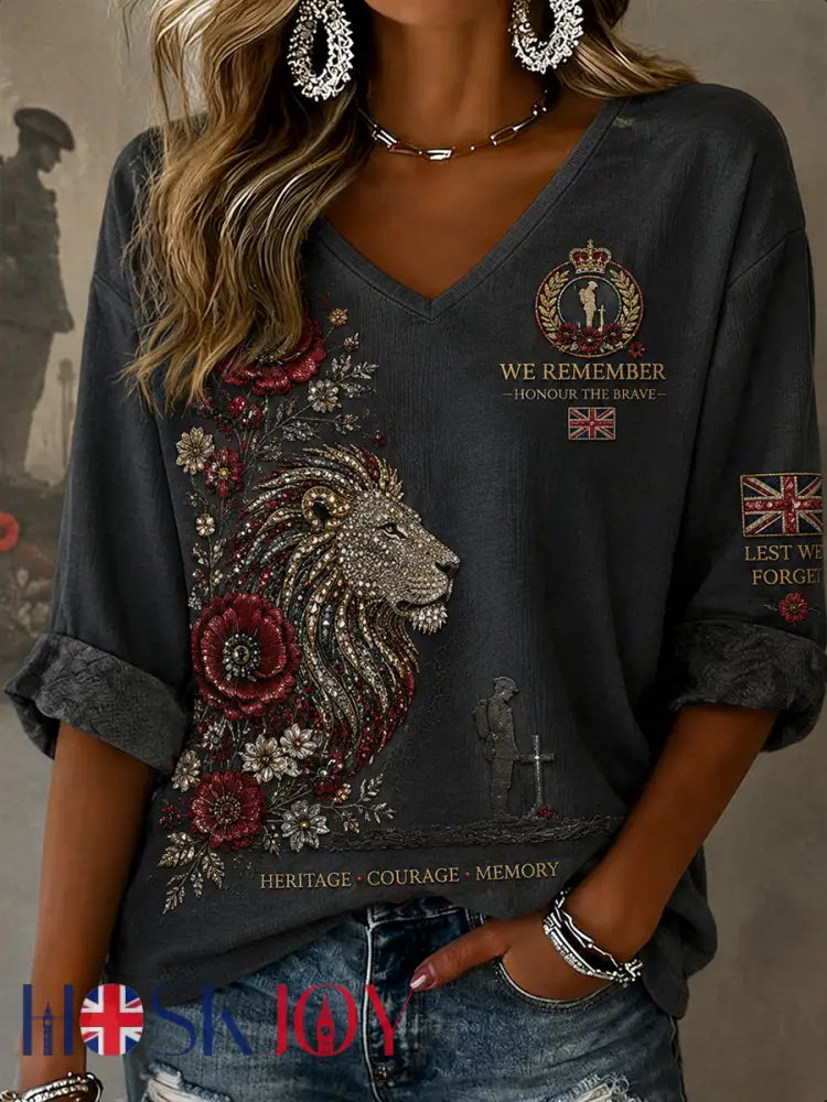 Women’s Remembrance Day Print V-Neck Long-Sleeve Top - A / S