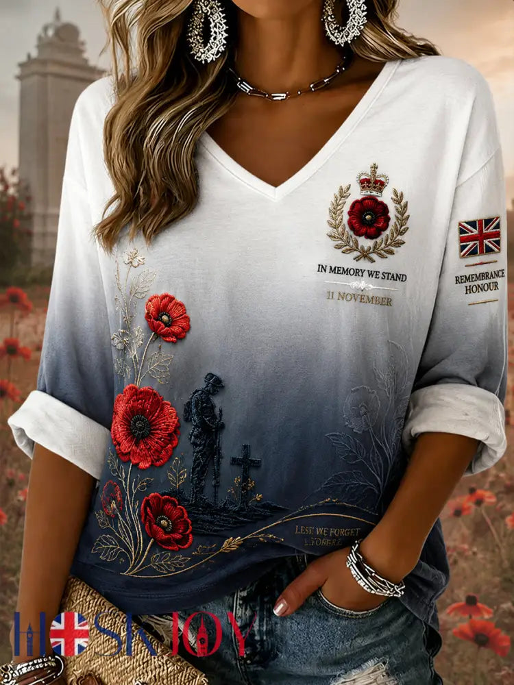 Women’s Remembrance Day Print V-Neck Long-Sleeve Top - A / S