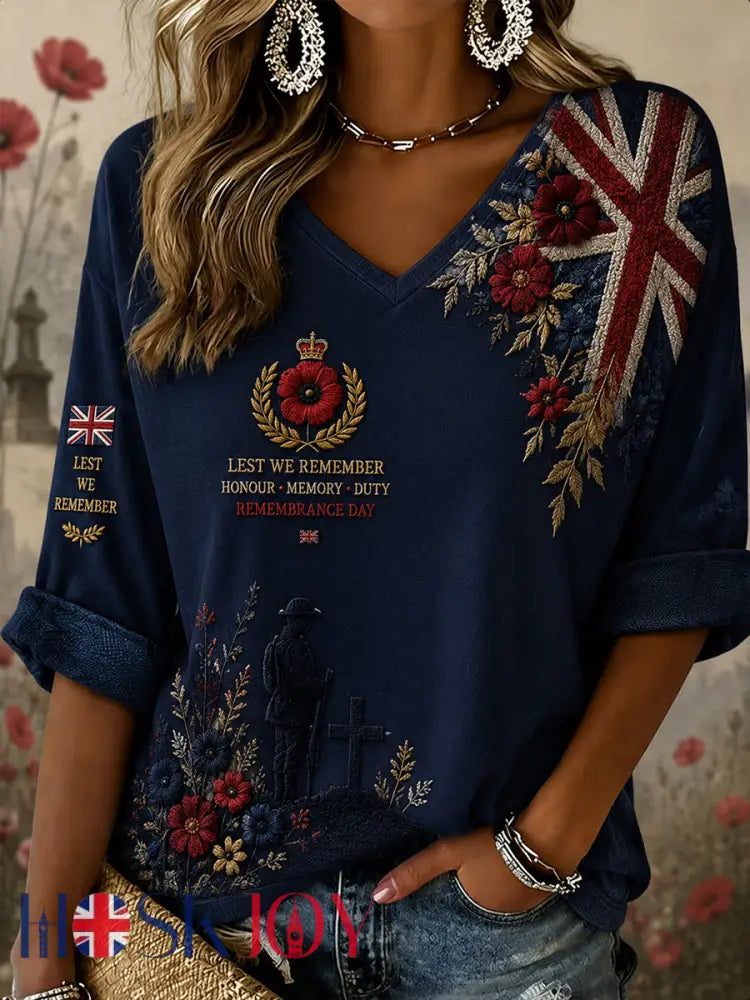 Women’s Remembrance Day Print V-Neck Long-Sleeve Top - A / S