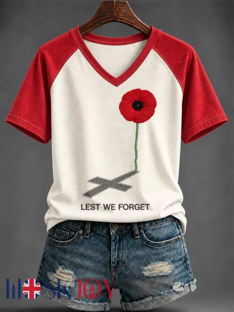 Women’s Remembrance Day Printed V-neck T-shirt - As picture / S