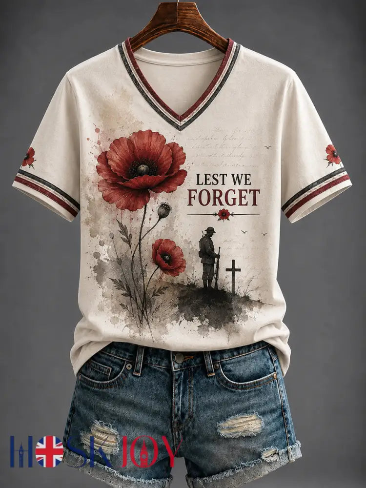 Women’s Remembrance Day Printed V-neck T-shirt - As picture / S