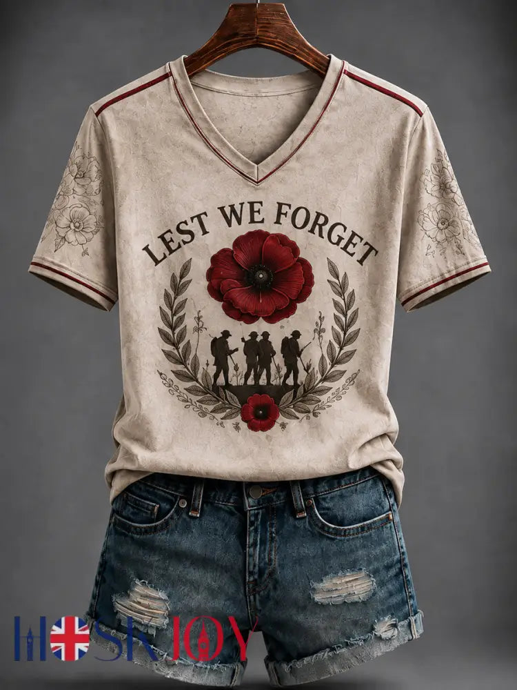 Women’s Remembrance Day Printed V-neck T-shirt - As picture / S