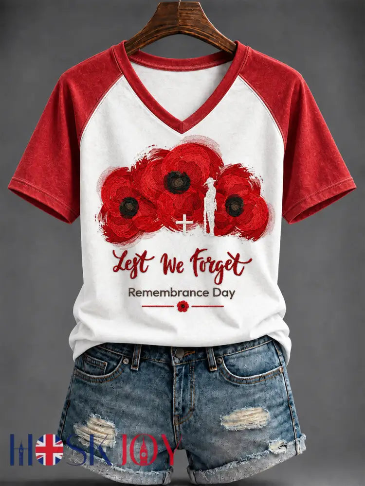 Women’s Remembrance Day Printed V-neck T-shirt - As picture / S