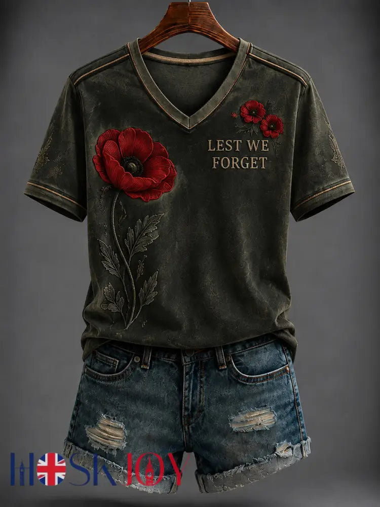 Women’s Remembrance Day Printed V-neck T-shirt - As picture / S