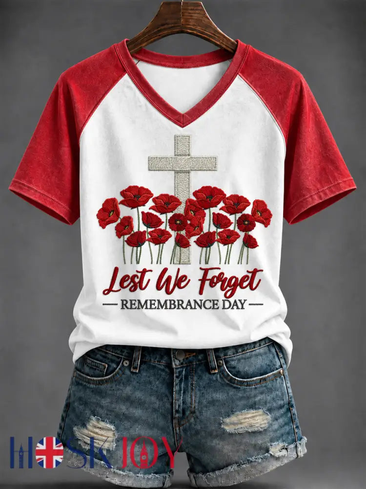 Women’s Remembrance Day Printed V-neck T-shirt - As picture / S