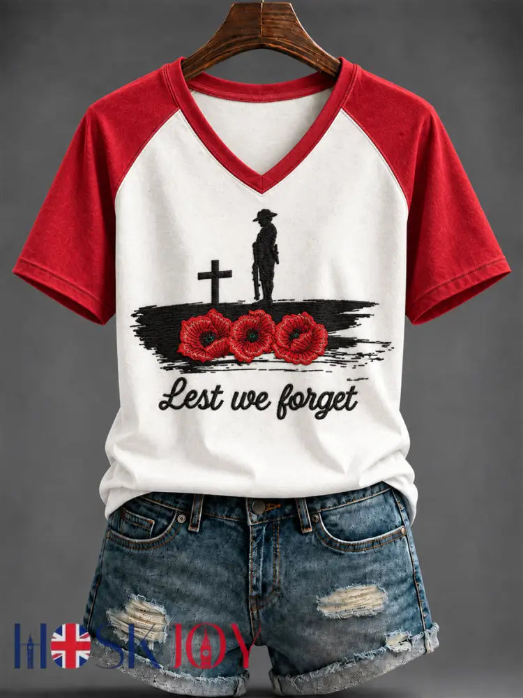 Women’s Remembrance Day Printed V-neck T-shirt - As picture / S