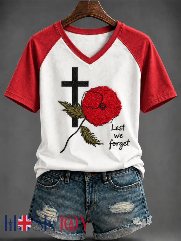 Women’s Remembrance Day Printed V-neck T-shirt - As picture / S