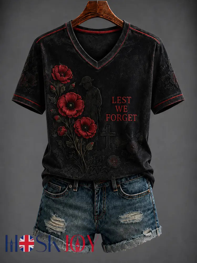 Women’s Remembrance Day Printed V-neck T-shirt - As picture / S