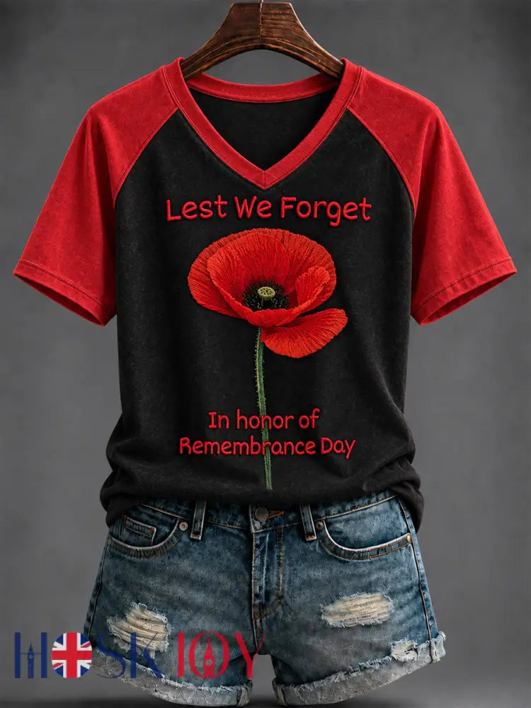 Women’s Remembrance Day Printed V-neck T-shirt - As picture / S