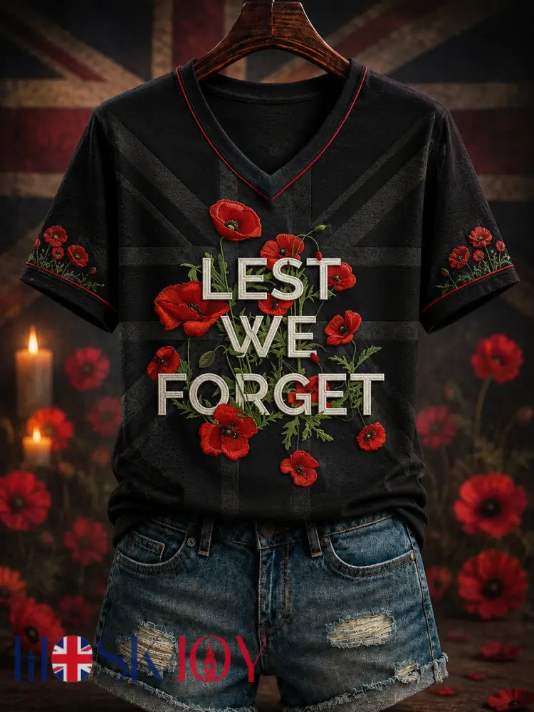 Women’s Remembrance Day Printed V-neck T-shirt - Black / S
