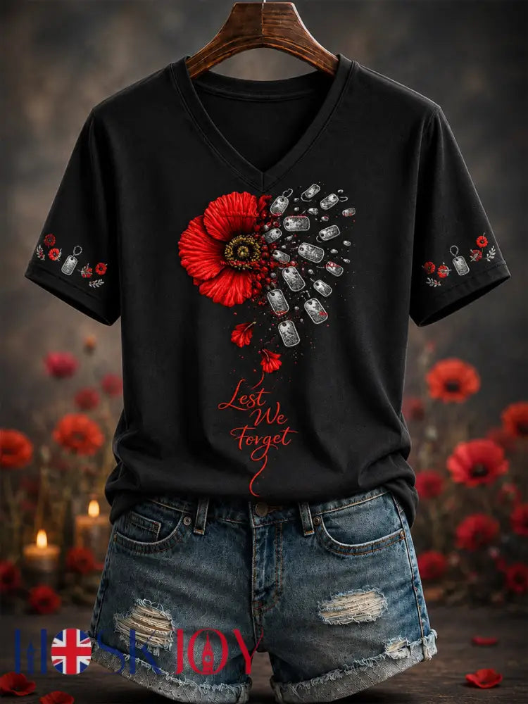Women’s Remembrance Day Printed V-neck T-shirt - Black / S