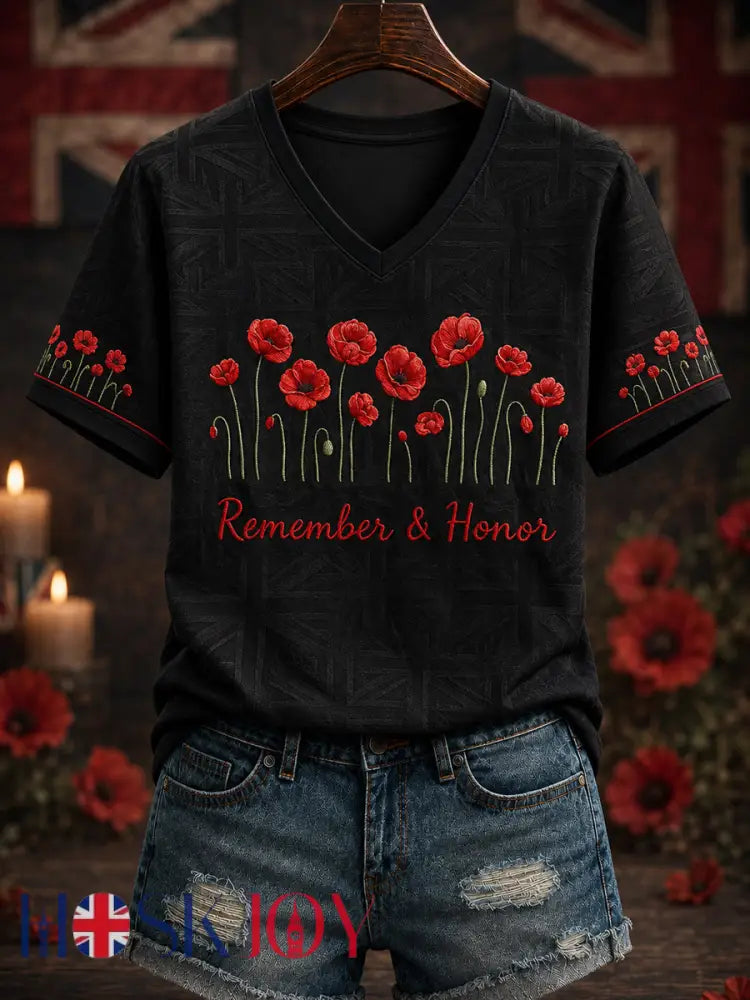 Women’s Remembrance Day Printed V-neck T-shirt - Black / S