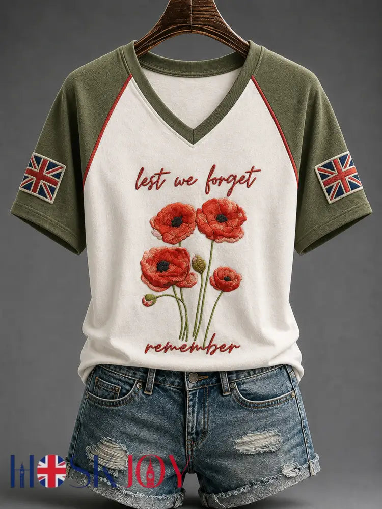 Women’s Remembrance Day V-neck Off-shoulder Short-sleeved T-shirt - Creamy-White / S